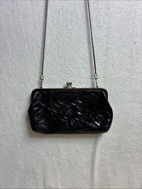 Patricia Nash Black Floral Embossed Leather Kiss-Lock Clutch